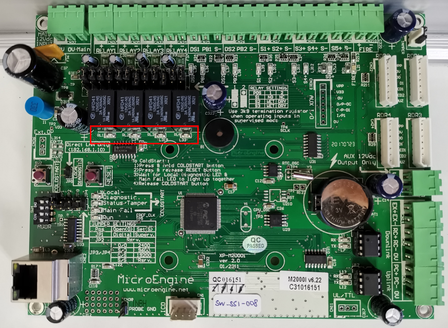 Locations of Relay Output LED Indicators on XP-M2000i Controller Board