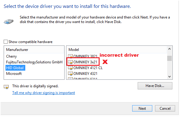 Update Driver Software - Omnikey 3x21 Window Showing the Wrongly Installed Driver