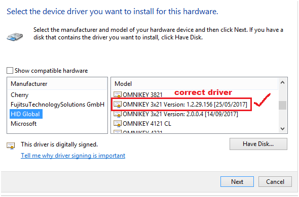 Update Driver Software - Omnikey 3x21 Window Showing the Correctly Installed Driver