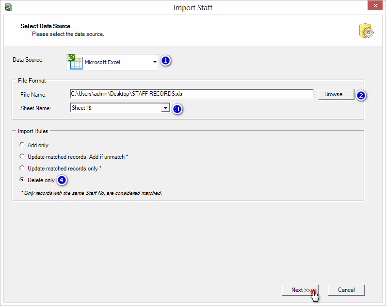 Select Data Source Window with the Delete Only Option Checked