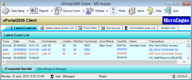 Latest Event List Window Showing the Valid Entry Access Transaction with Unlisted User as Name of Staff