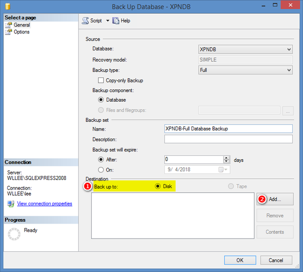 Check Back Up to Disk Checkbox and Add New Backup Destination Folder Location