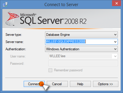 Connect to Server Window from SQL Server Management Studio Software