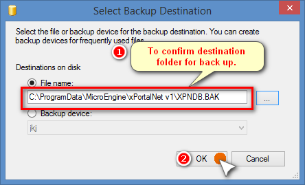 Select Backup Destination Window