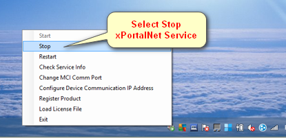 Right-click xPortalNet Service Icon and Click Stop