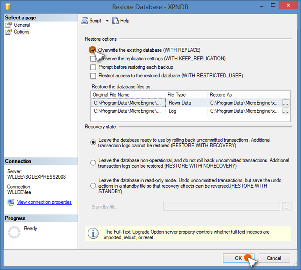 Checking Overwrite the Existing Database Option in Restore Database - XPNDB Window
