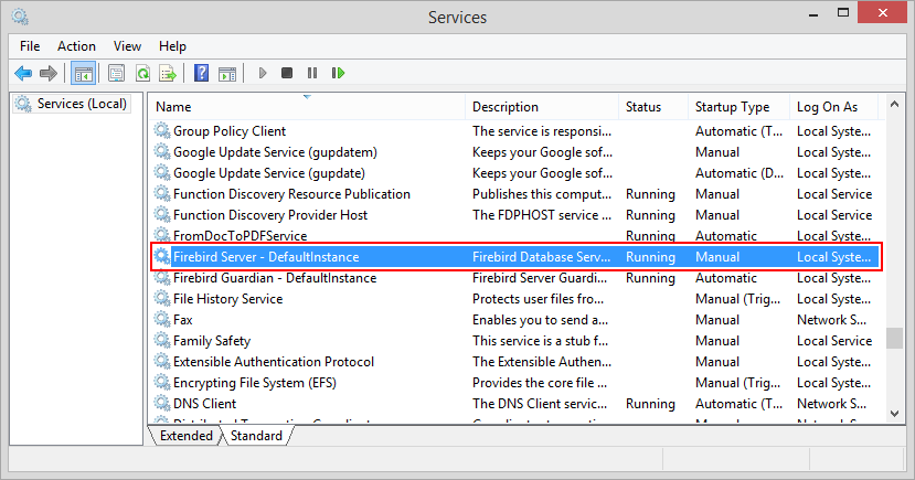 The Service of Firebird Server in the Services Window