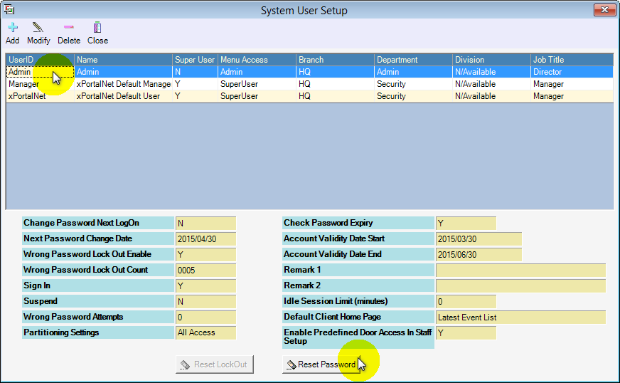 Reset Password Button at the System User Setup Window