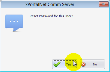 Reset Password for this User Message Window