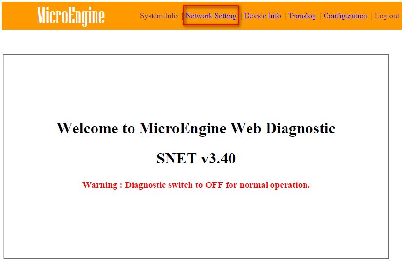 Network Setting Button on Top of Web Diagnostic Home Page