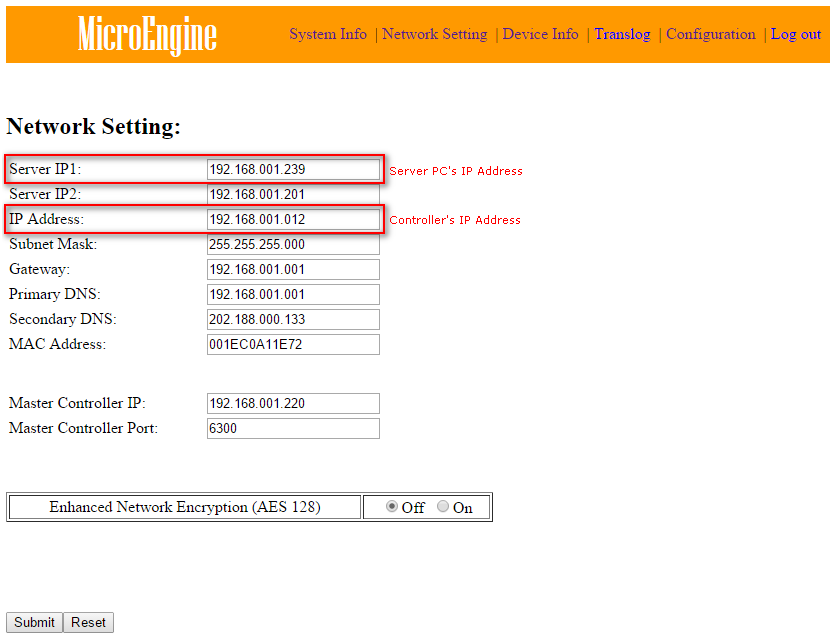 Network Setting Window Showing the Server IP1 and IP Address Field