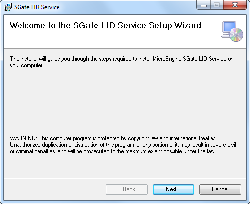 SGate LID Service Setup Wizard Window
