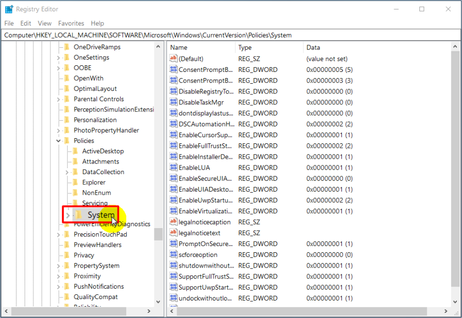 System Folder in the Registry Editor Window
