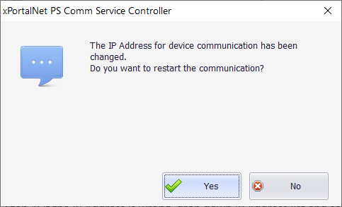 The IP Address for Device Communication has been Changed Window