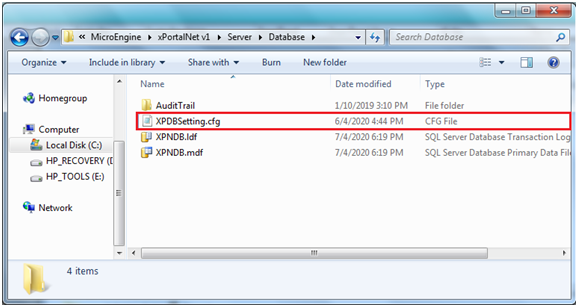 The XPDBSetting.cfg File Pasted in the Default Folder Location