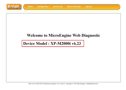 Web Diagnostic Welcome Page Showing the Controller Model and Version Number