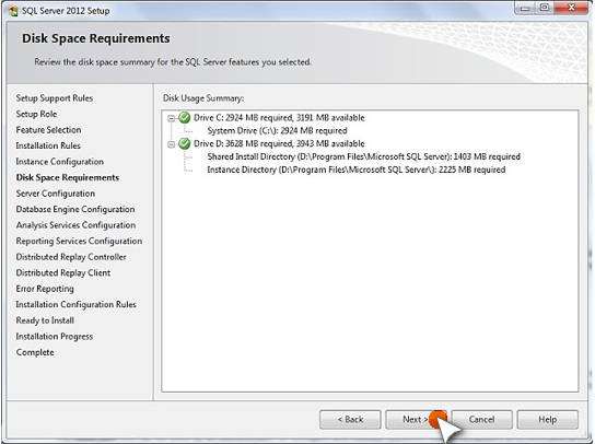 Disk Space Requirements Window