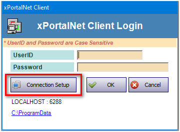 Connection Setup Button in xPortalNet Client Login Page