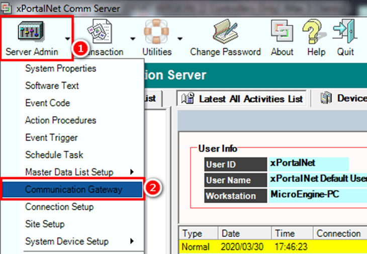 Communication Gateway Button Under Server Admin Menu