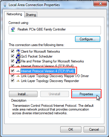Local Area Connection Properties Window