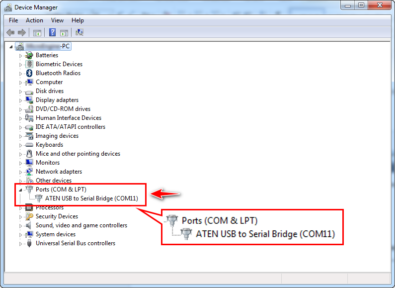 Device Manager Showing that the ATEN USB-to-Serial Converter is Detected