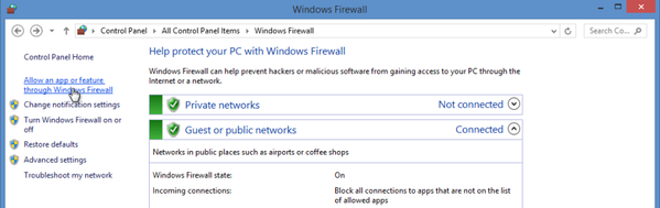 Select Allow an App or Feature Through Windows Firewall