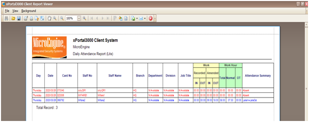 xPortal3000 Client Report Viewer Window