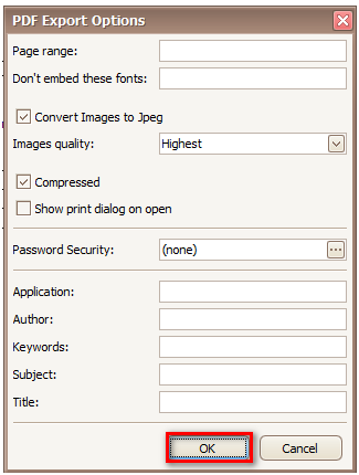 PDF Export Options Window