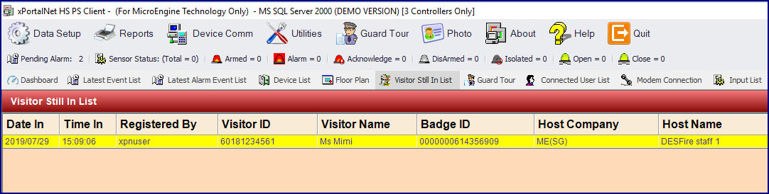 The Signed In Visitor is Shown in Visitor Still In List