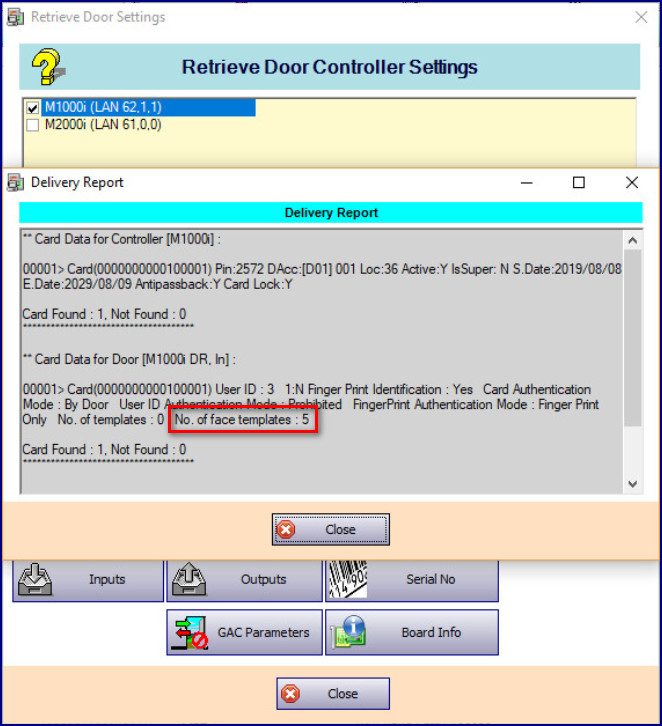 Delivery Report Window Showing Number of Face Template