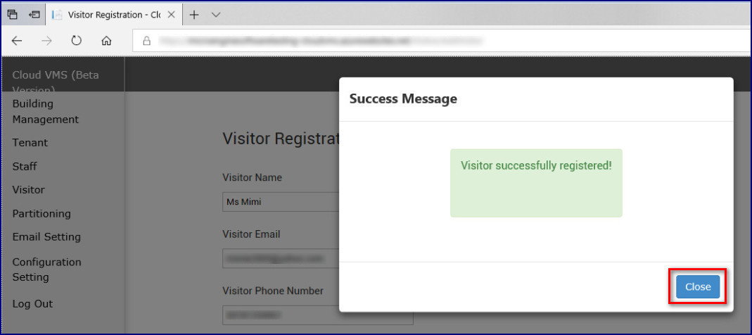 Submit Button in Visitor Registration Page