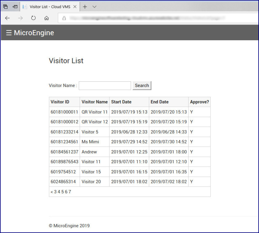Visitor List Page in Cloud VMS Website