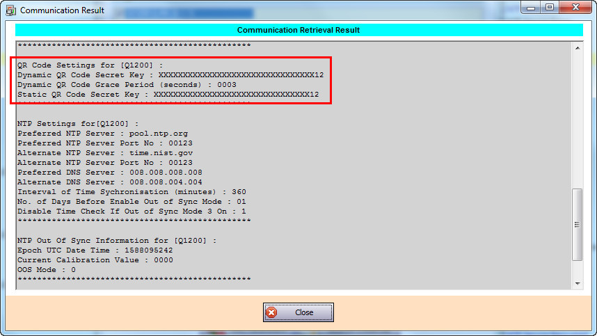 QR Code Settings in Retrieved Door Parameters Communication Result Window