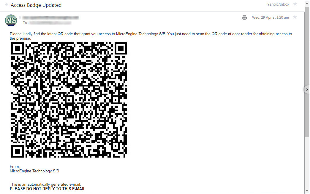 Access Badge Updated Email Sent to Staff with Static QR Code