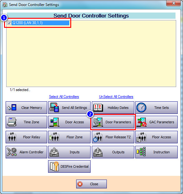 Send Door Parameters in Send Door Controller Settings Window