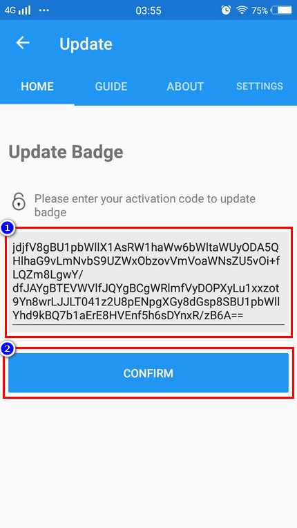 ME Mobile Access Main Page - Paste New Activation Code in Update Badge