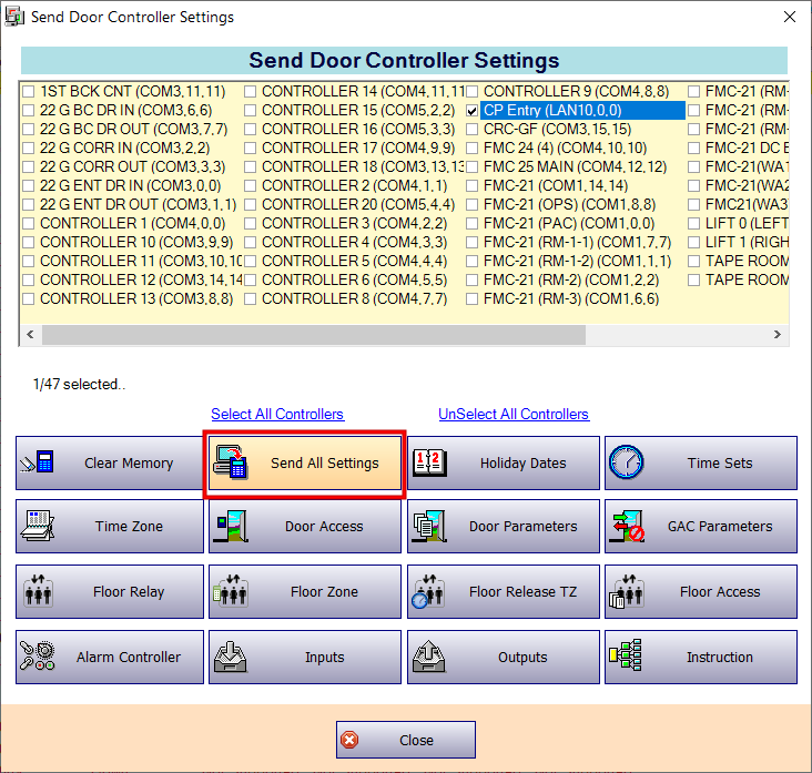 Selecting the Respective Controller and Click Send All Setting