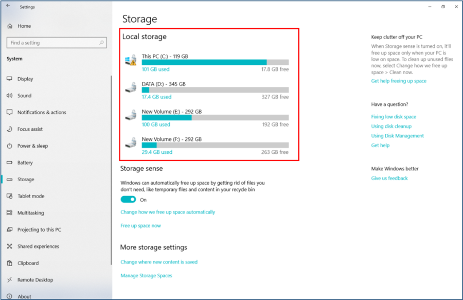 Storage Window Showing the Usage Data of the Hard Drive