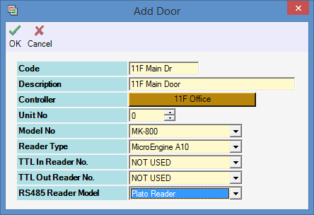 Add Door Setting Example with Plato Readers Connected to MK800E