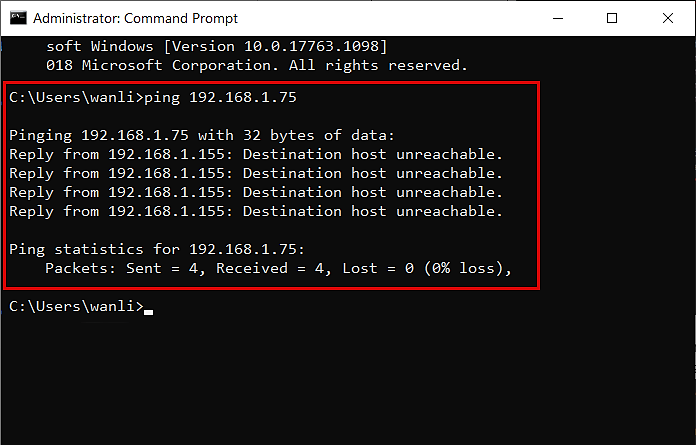 Command Prompt Response Showing Destination Host Unreachable Message