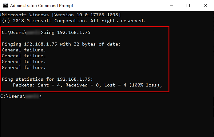 Command Prompt Response Showing General Failure Message