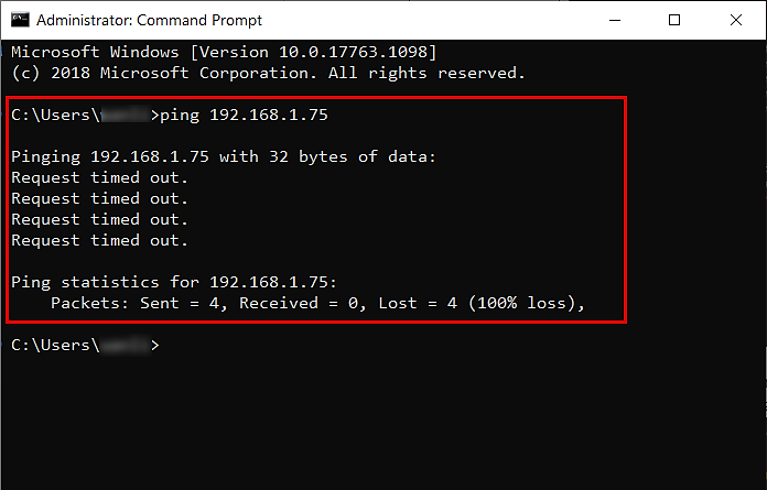 Command Prompt Response Showing Request Timed Out Message