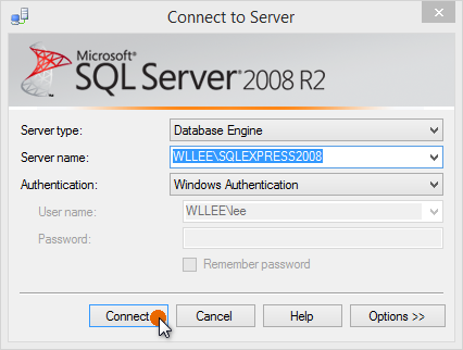 Connect to Server Window from SQL Server Management Studio Software