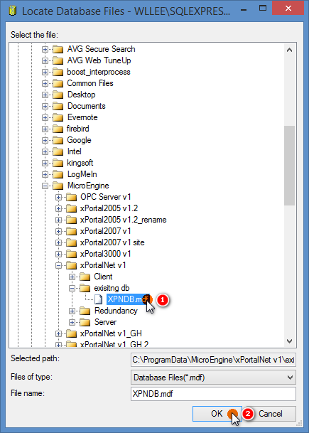 Locate Database Files Window