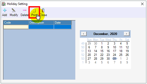Holiday Setting Window in xPortalNet Client