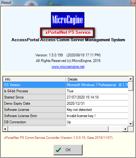 About Window Showing the xPortalNet Software Version