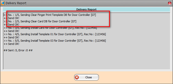 Delivery Report Window Showing Clear Finger Print Template DB and Clear Card DB Command from Software