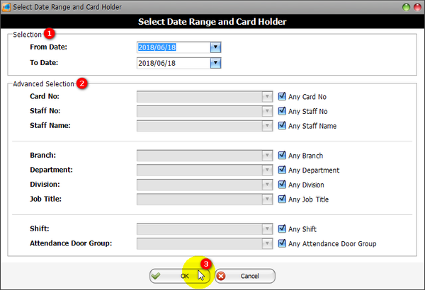 Select Date Range and Card Holder Window