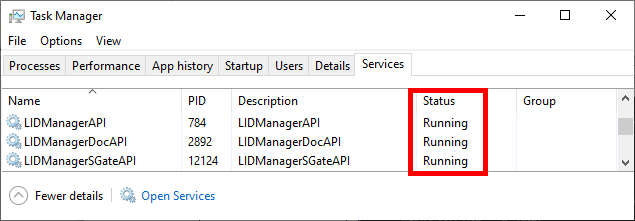 LIDManagerAPI, LIDManagerDocAPI and LIDManagerSGateAPI Services are Running in Task Manager