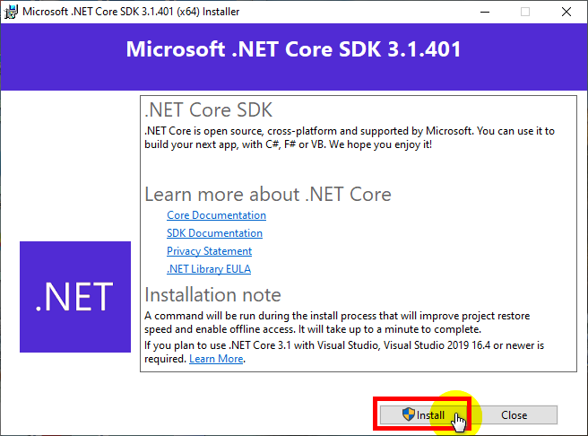 Microsoft .NET Core SDK 3.1.401 Installer Window